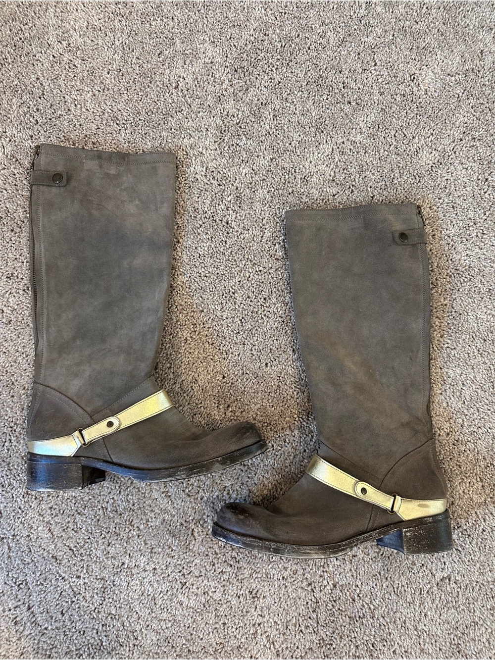 Massimo Valli Gray Suede Distressed Knee Boots with Gold Strap Detail